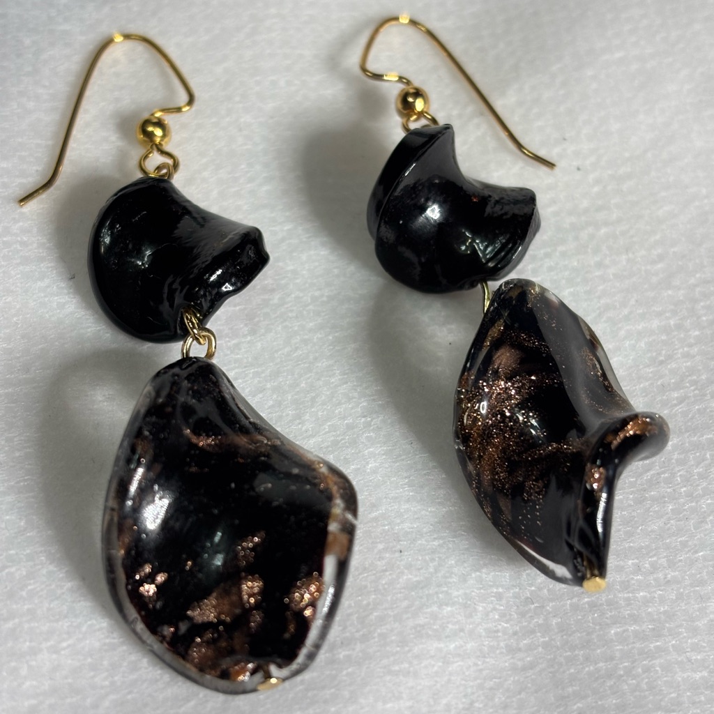 Evening Festive Holiday Pierced Earrings Lamp Work Beads Black Glittery Bronze